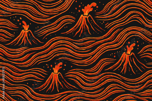 Seamless erupting volcano pattern with glowing lava waves