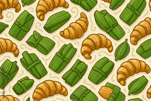Seamless pattern of croissants and wrapped leaf parcels