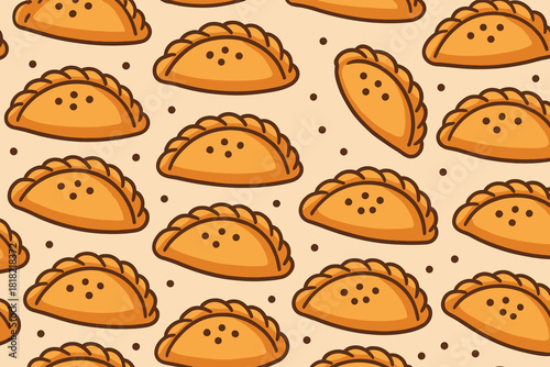 Seamless pattern of cartoon empanadas with toasted golden crust