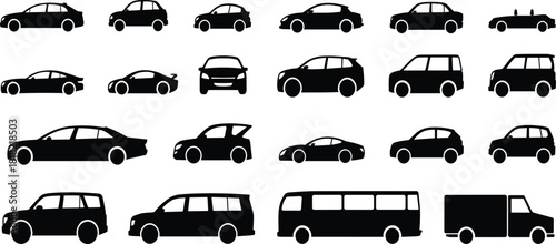 Vehicle silhouette illustration set, sedan, SUV, truck, van, bus icons, side profile graphic, transport symbol, automotive design elements