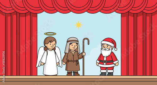 Whimsical Christmas play featuring Santa, a shepherd, and an angel on stage with red curtains for holiday season projects and creative designs