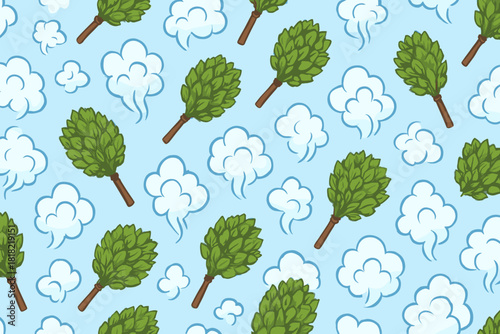 Seamless pattern with leafy sauna whisks and steam clouds