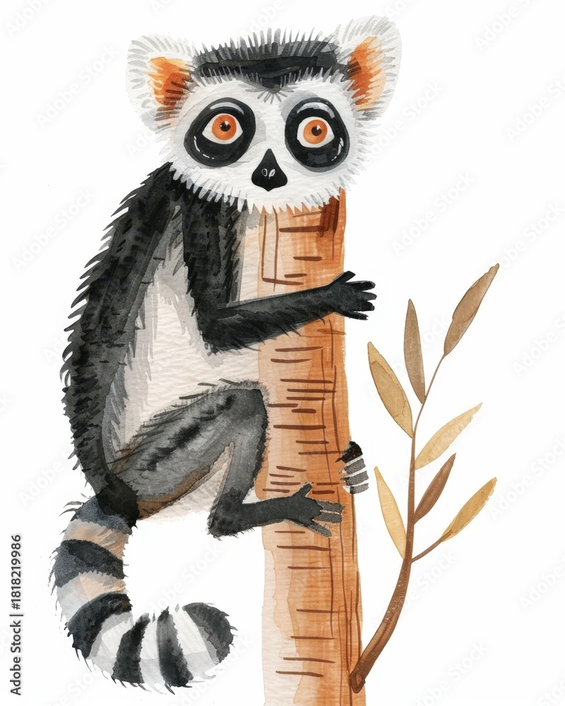 Obraz premium Lemur on Tree Trunk