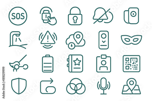 Security and privacy icon set with teal glow and modern outline style