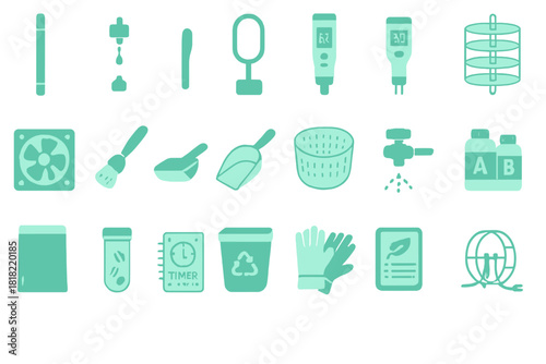 Hydroponics equipment and lab tools icon set in neon green