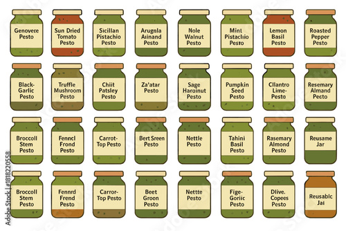 Set of illustrated pesto jar labels with creative flavor names