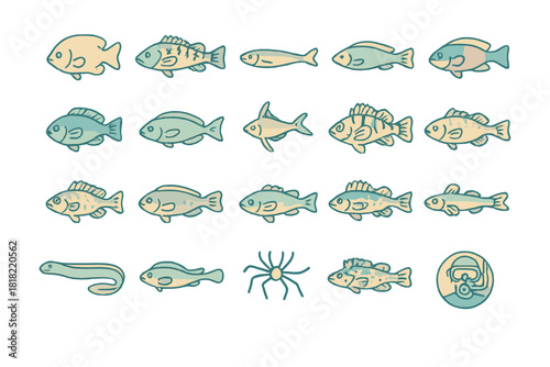 Hand-drawn freshwater fish icon set in pastel tones