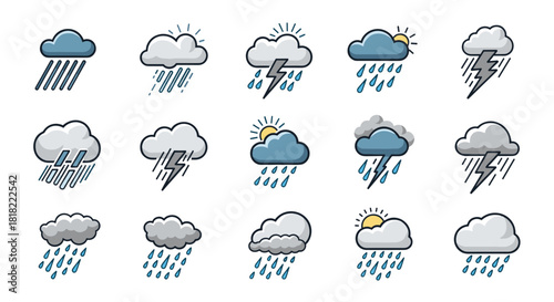 Forecast weather icons for your designs featuring sun, clouds, rain and storms for apps, websites, and presentations, a versatile vector set