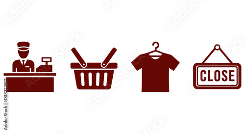 Shop retail store shopping basket clothing close sign vector icon
