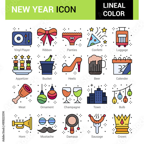 Happy New Year Icon Set Vector Art Illustration for Festive Celebration, Party Elements, Fireworks, Gifts, and Seasonal Holiday Designs