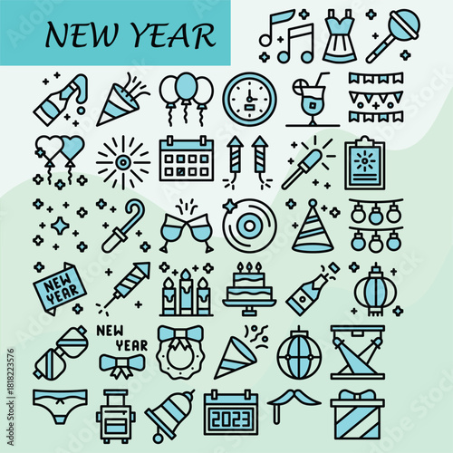 Happy New Year Icon Set Vector Art Illustration for Festive Celebration, Party Elements, Fireworks, Gifts, and Seasonal Holiday Designs