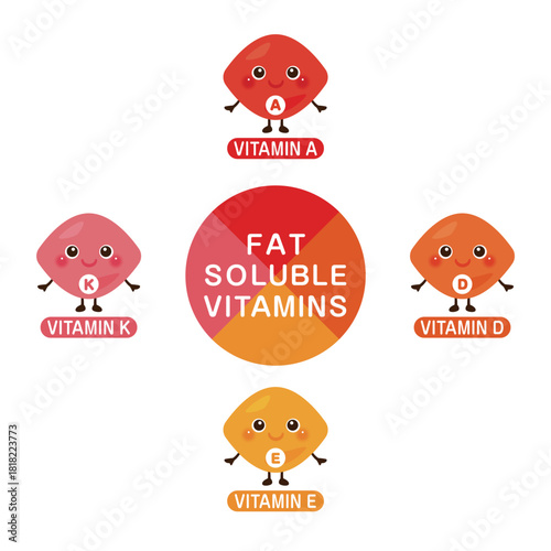 脂溶性ビタミン類のキャラクターイラストセット　英語／Fat-Soluble Vitamins Character Illustration Set – English