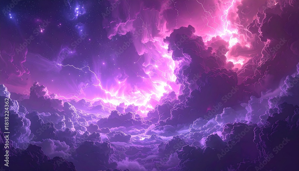 Fototapeta premium Dreamlike sky with soft violet & pink clouds, hints of stars & nebula