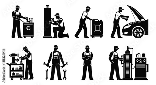 Auto repair services mechanics working vector illustration set