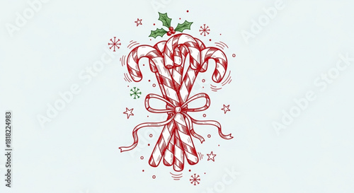 Festive Candy Cane Bouquet with Holly, Perfect for Holiday Greetings and Sweet Christmas Celebrations, Drawn with Artistic Flair for a Touch of Whimsy