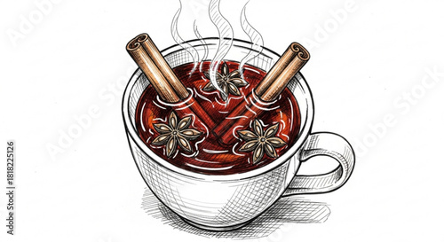 Cozy up with a steaming cup of spiced mulled wine artfully drawn with cinnamon and star anise, perfect for winter holidays and seasonal celebrations