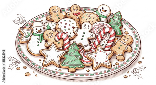 Festive holiday cheer with an assortment of delightful gingerbread cookies and candy canes, perfect for Christmas cards and seasonal designs