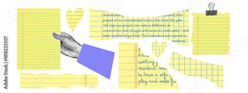 Halftone hand torn paper collage. Yellow lined and grid notebook sheets. Ripped legal pad pieces and paper scraps. 