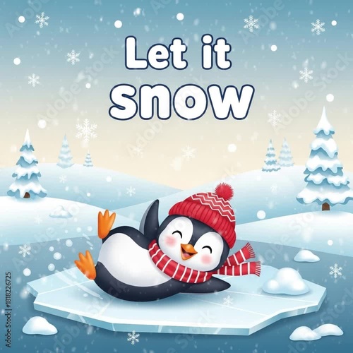 Let it Snow greeting card - cartoon penguin in striped scarf and knit hat sliding on ice. Snowflakes, pine trees, and snowy hills, playful and festive winter.