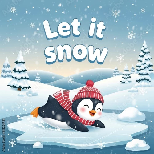 Let it Snow greeting card - cartoon penguin in striped scarf and knit hat sliding on ice. Snowflakes, pine trees, and snowy hills, playful and festive winter.