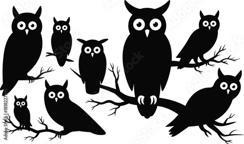 Black Silhouette Owls Set Perched on Tree Branches, Diverse Bird Figures with Big Eyes, Isolated Wildlife Vector Graphics.