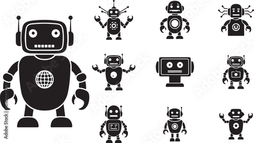 Diverse collection of retro-futuristic robot vector icons and silhouettes.