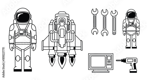 Astronaut space exploration tools and rocket vector illustration