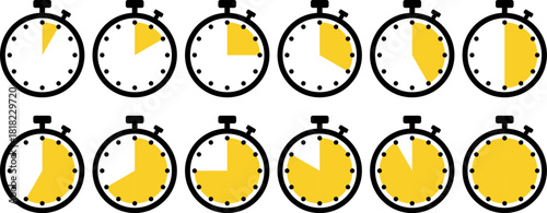 Vector stopwatch and timer set with multiple countdown durations. Timer countdown icons. Stopwatch vector set. Cooking timer illustration. Sport chronometer icons. Time interval graphics.