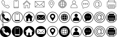 Collection of simple contact symbols in outline and filled style call, mobile, home, mail, map marker, internet globe, person, chat, at sign, and fax. Ideal for website menus, business cards
