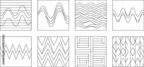 A diverse grid set of eight black and white abstract line patterns, showcasing different wave forms, zigzags, and geometric shapes for backgrounds and design.