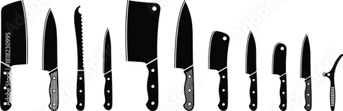 Collection of black silhouette kitchen knife icons, including cleavers, chef knives, and serrated blades, representing cooking, chopping, and professional utensils.