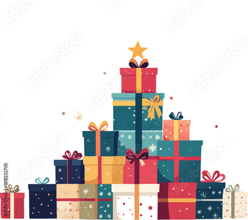 Festive Gift each with unique patterns and ribbons. The presents are accompanied by a small. Vector illustration