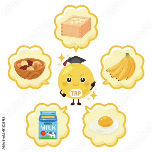 トリプトファンを多く含む食品とトリプトファンのキャラクターイラストセット／Foods High in Tryptophan and Tryptophan Character Illustration Set