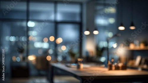 Wallpaper Mural A night-time view of a beautifully abstract, blurred office interior room. The working space is depicted with a defocused effect, creating a soft and elegant ambiance that highlights the room's modern Torontodigital.ca