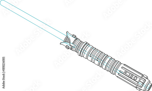 Light sword vector illustration, futuristic laser weapon blueprint, sci-fi energy blade outline, space fantasy fighter equipment, isolated technical drawing.