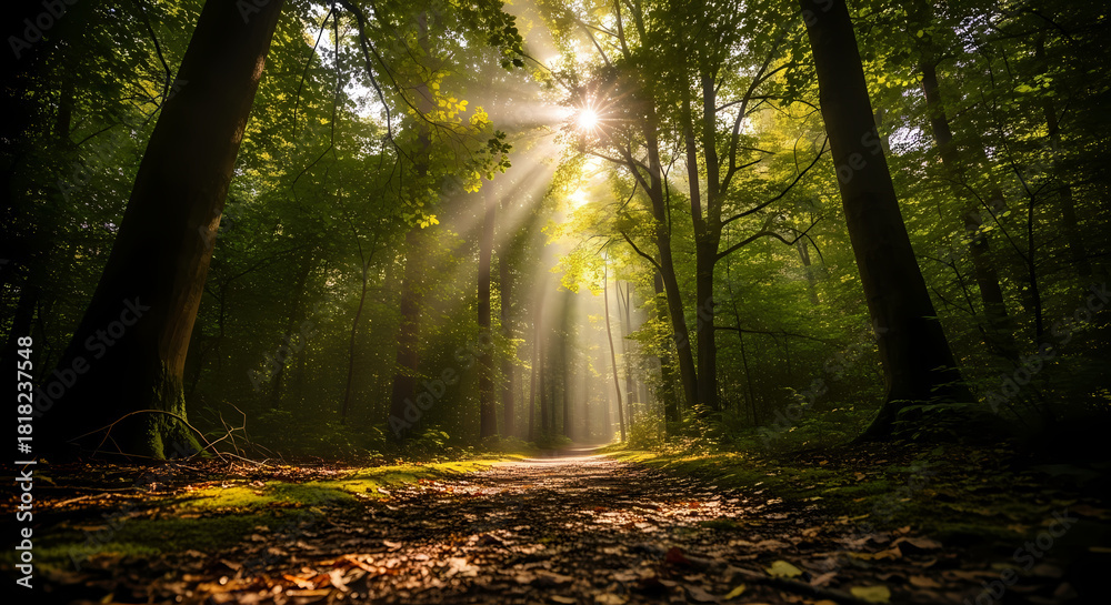 Obraz premium A path in the forest with soft light mingling between the trees.