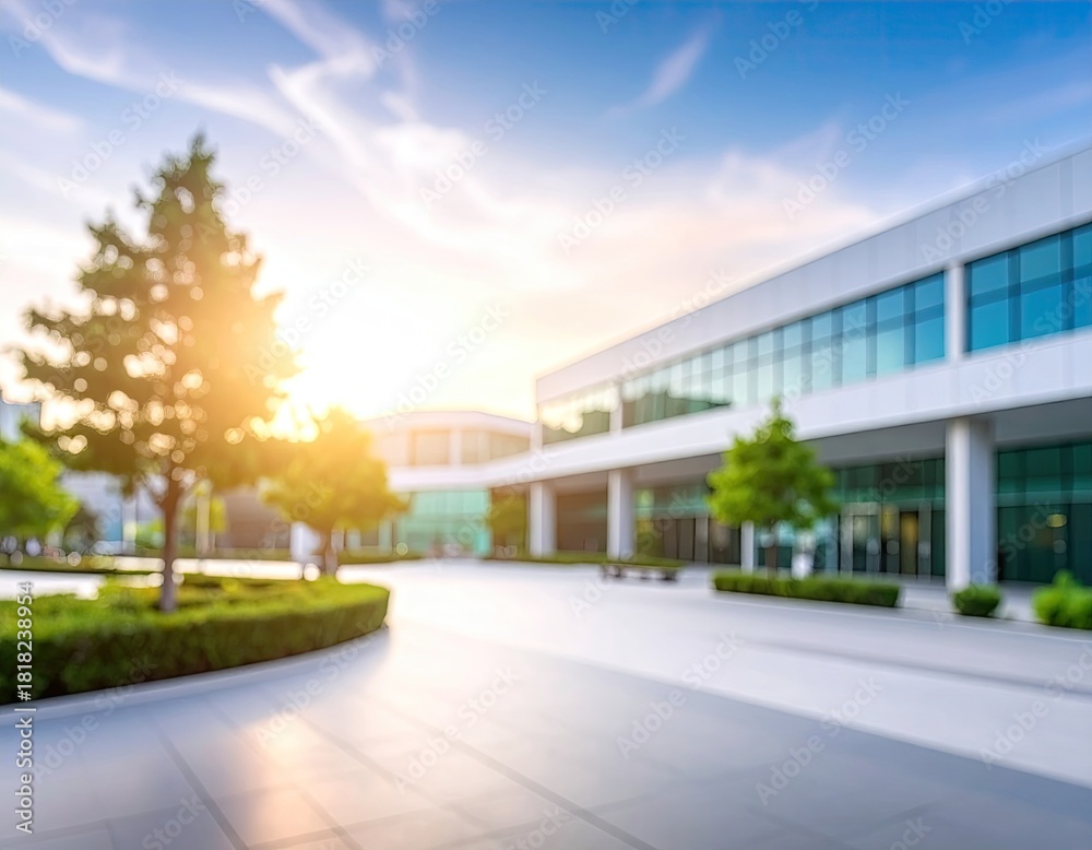 Obraz premium Blurred modern building with green trees against a sunset