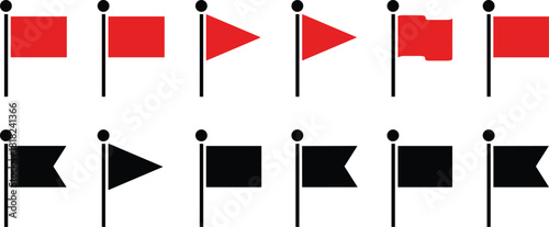 Collection of red and black flag icons on poles in various shapes, representing location markers, checkpoints, warnings, and finish line symbols.