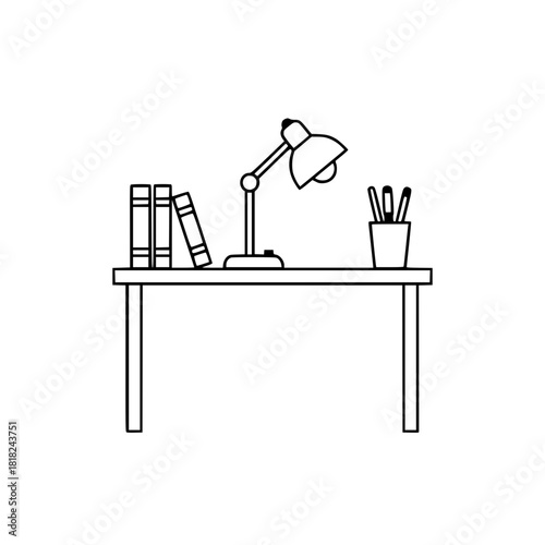 Detailed Office Desk with Lamp, Books, and Stationery Line Art