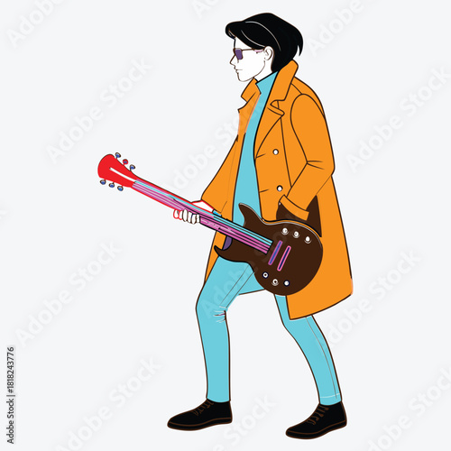 A guitarist in an orange jacket looks stylish.