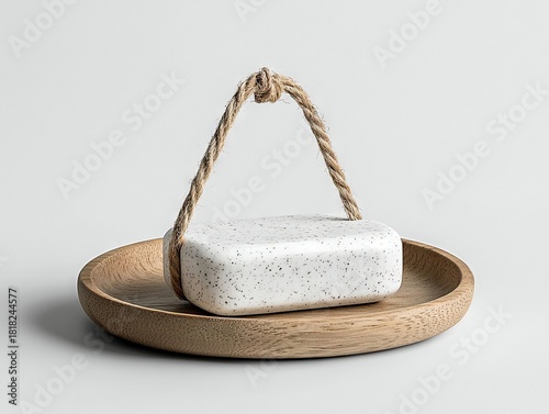 A white speckled bar of soap with a natural rope handle rests on a round wooden dish against a plain, light gray background. The lighting is soft and even.