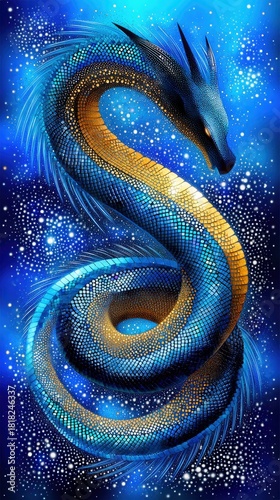 A majestic blue and gold dragon coils elegantly against a deep blue, starry night sky, illuminated by a mystical glow.