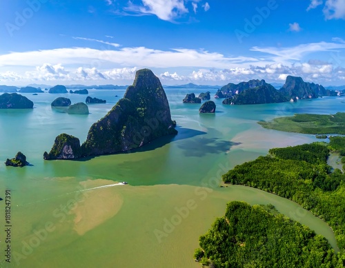 Aerial view of emerald green waters dotted with limestone karsts under a bright blue sky with scattered clouds. A boat sails