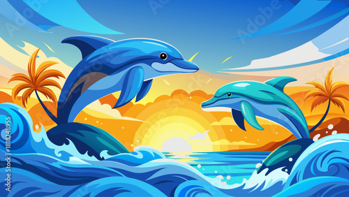 Pair of dolphins leaping playfully above vibrant blue waves, warm sunlight illuminating the splashes in a tropical seascape
