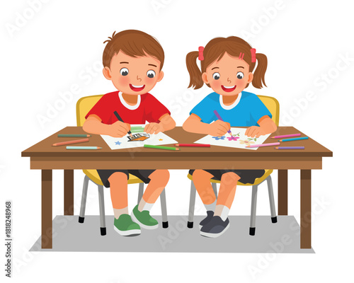 Two kids students drawing coloring at the table together