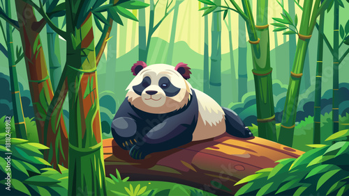 Sleepy giant panda resting on a thick tree branch, surrounded by lush green bamboo forest in Sichuan, peaceful wildlife scene