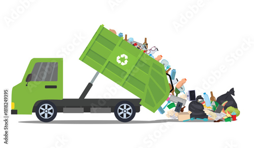 Garbage truck unloading wastes and trashes into the landfill site
