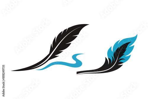 Elegant black feathers with flowing blue accents symbolizing creativity and writing on a dark background