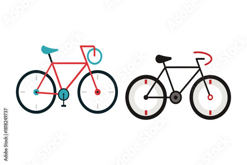 Two stylized bicycles one red and one black presented side by side against a stark black background with minimalist design elements