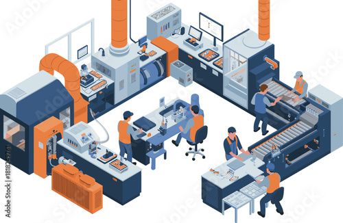 Isometric modern manufacturing factory with automated machines, assembly line workers, industrial production process, robotic equipment, quality control stations, advanced technology